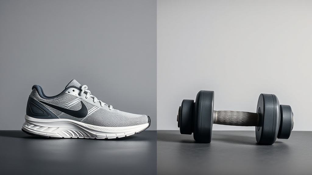운동화와 덤벨이 나란히 놓여 있는 모습으로 유산소와 근력 운동의 조화를 상징함