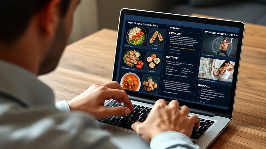 노트북 화면에 띄워진 여러 가지 식단표와 운동 계획을 진지하게 비교 분석하는 장면