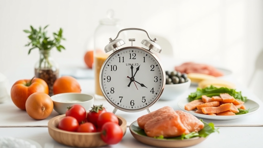 시계와 건강한 식단이 놓인 테이블로 간헐적 단식의 시간 제한 개념을 시각화한 모습